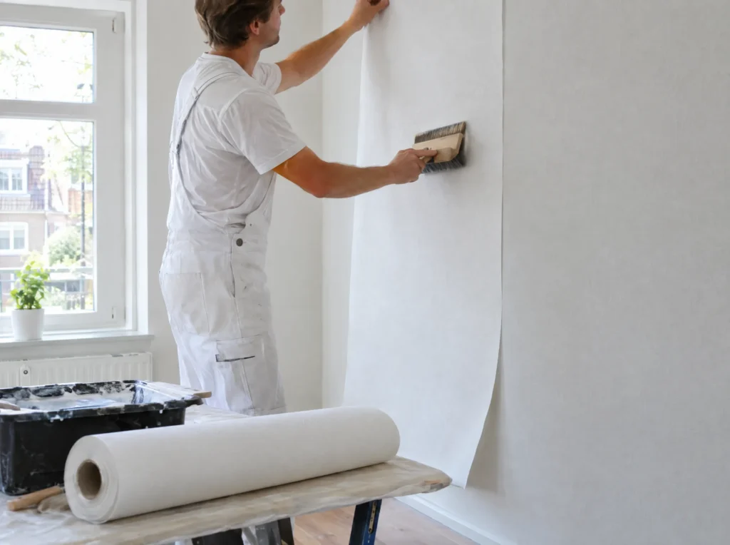 Schilder brengt een baan glasvliesbehang aan en strijkt die glad met een behangborstel