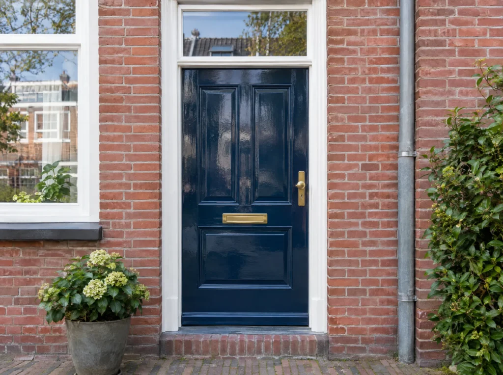 Pas geschilderde glanzende donkerblauwe voordeur met wit kozijn in een bakstenen rijtjeshuis