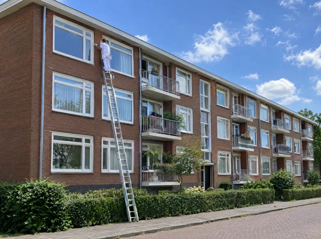 Schilder op een hoge ladder tegen de gevel van een bakstenen appartementencomplex