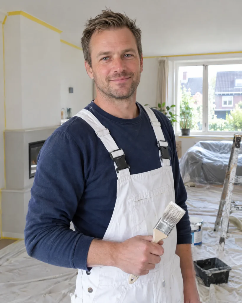 Mark, eigenaar van Duinkant Schilders, in witte schildersoverall met een kwast in een woonkamer die geschilderd wordt
