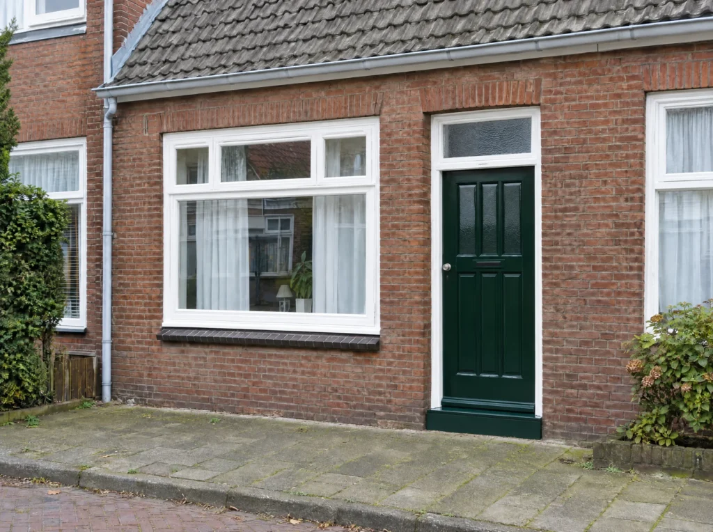Na: dezelfde woning in Heemskerk met strak witte kozijnen en een glanzend donkergroene voordeur