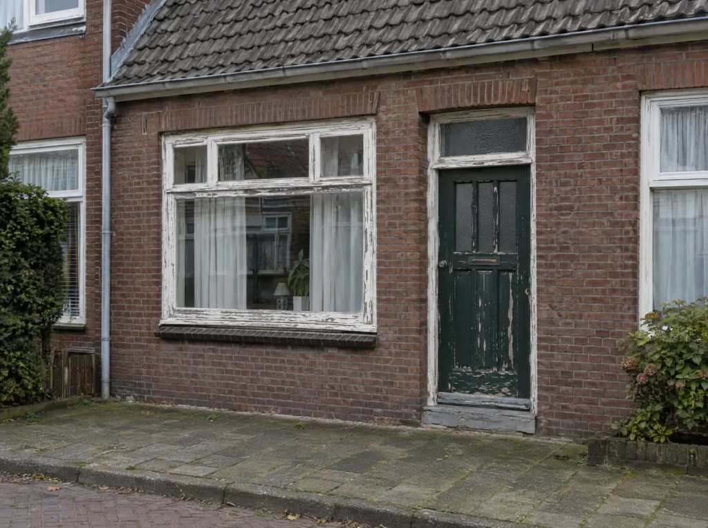 Voor: jaren-30 woning in Heemskerk met bladderende verf op de witte kozijnen en de groene voordeur