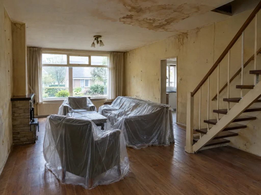 Voor: woonkamer in Beverwijk met vergeelde muren, vlekken op het plafond en afgedekte meubels