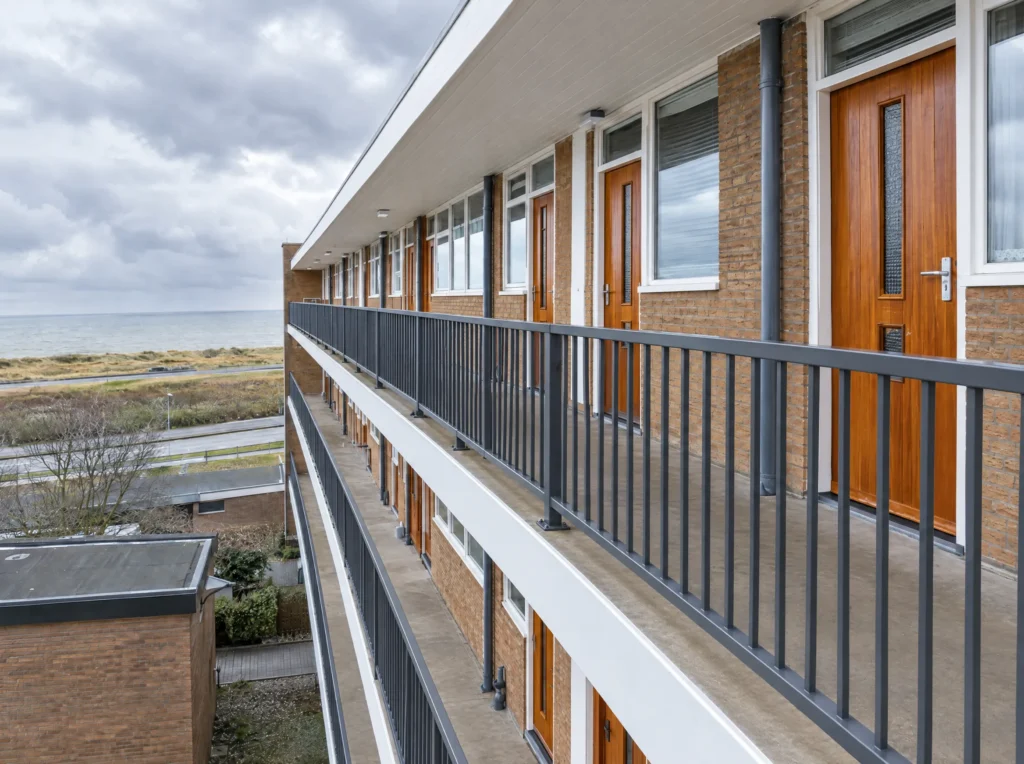 Na: de galerij in IJmuiden met geschilderde antraciet balkonhekken en vernieuwde voordeuren