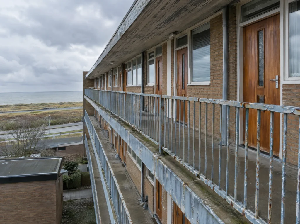 Voor: galerij van een flat in IJmuiden met verweerde voordeuren en roestige balkonhekken