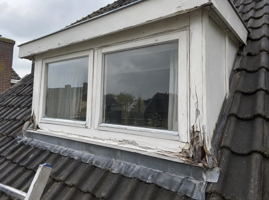 Voor: dakkapel in Castricum met afbladderende verf en houtrot in de onderhoeken