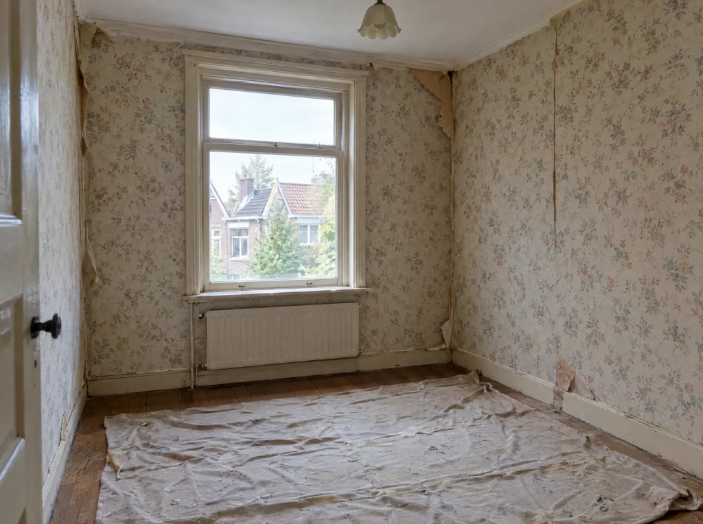 Voor: kinderkamer in Haarlem met oud gebloemd behang dat loslaat