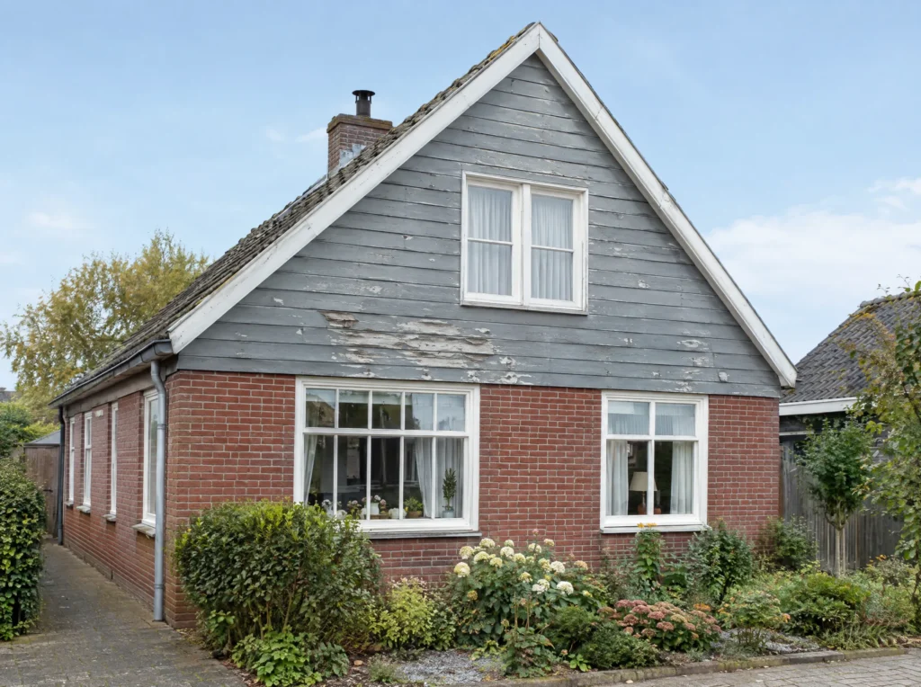 Voor: woning in Uitgeest met verweerde, bladderende houten gevelbekleding