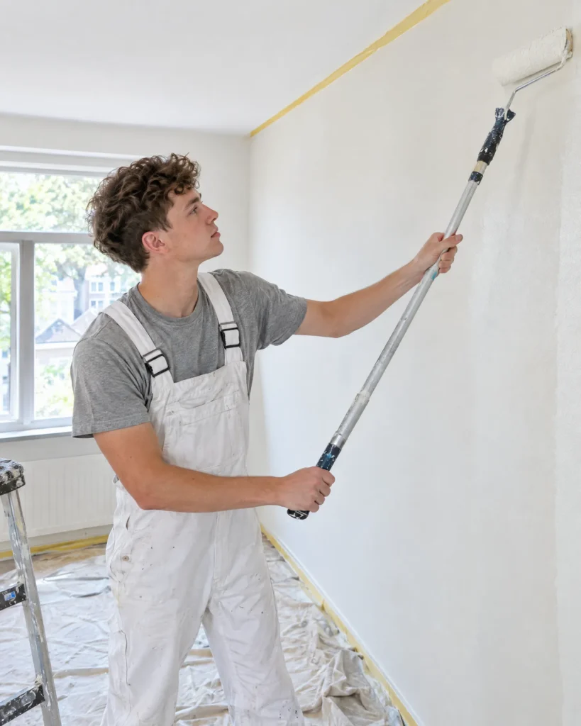 Leerling-schilder Sem rolt een binnenmuur in een lichte kleur met een verfroller op een steel